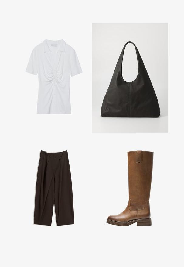 Mørkerød blazer lavet af struktureret stof, med en slagkrave, enkelt knaplukning og to frontlommer.; Hvid kortærmet blouse med krave, der har en snoet knude detalje foran og en knaplukning. Glat ribbet tekstur.; Mørkebrune brede bukser med høj talje, udstyret med en enkelt knaplukning og en plisseret front. Lavet af letvægtsstof.; Brune læderknæhøje støvler med rund tå, struktureret overflade og en stabelt lav hæl. Har en sidepanel og en løftestrop øverst.; Sort læder tote bag med et buet håndtag, forlænget trekantet form og glat tekstur. Har et minimalistisk design uden synligt hardware.