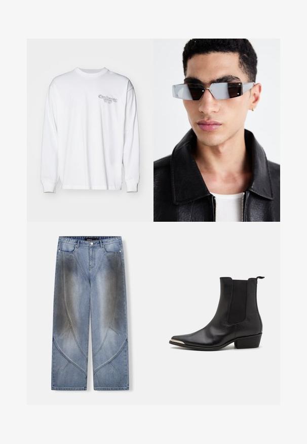 Černá kožená biker bunda s kapsami na zip, širokými klopami a dlouhými rukávy. Měkká textura a strukturovaný design s kovovými doplňky.; Černá mikina na zip s klokaní kapsou, volným střihem, měkkou látkou a kapucí na stažení šňůrkou. Má pevný zip a žebrované manžety.; Bílé tričko s dlouhým rukávem z bavlny, se malým texturovaným šedým logem na levé části hrudníku. Standardní střih s žebrovanými manžetami.; Světle modré široké džíny z denimu s unikátním úhlovým designem, efekty vyblednutí a kontrastním prošíváním. Styl s pěti kapsami.; Černé kotníkové boty vyrobené z texturované kůže, s špičatou špičkou, elastickými postranními panely, zadním poutkem a nízkým blokovým podpatkem.; Avenované sluneční brýle se šedým nádechem a stříbrnými doplňky, umístěné na světlém pozadí. Skla mají jedinečný geometrický tvar.