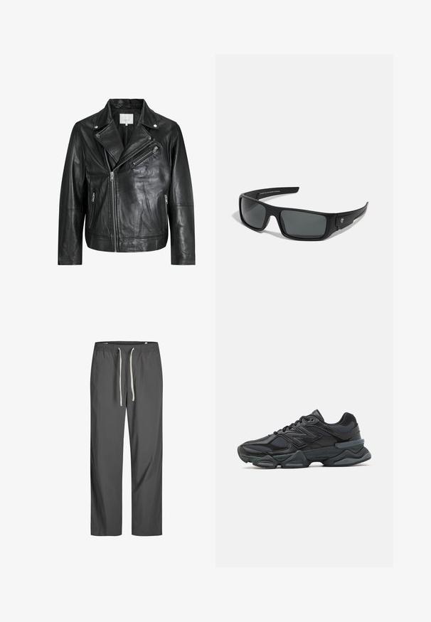 Melnas ādas moto jaka ar rāvējslēdzēju kabatām, platām atlokām un garām piedurknēm. Maiga tekstūra un strukturēts dizains ar metāla furnitūru.; Melnas slāņotas kapuciņa ar īsām piedurknēm, kurai ir grafiska apdruka un kapuce. Izgatavota no mīksta auduma, ar brīvu piegriezumu un vieglu tekstūru.; Pelēkas, vieglas bikses ar elastīgu jostu un baltu izšuvumu. Brīvi pieguļošs dizains, gluda tekstūra, bez redzamām rakstiem vai akcentiem.; Melna skriešanas apavi ar jauktu acu audumu un sintētiskiem materiāliem, masīvu zoli, izliekta dizaina elementiem un izteiktu zīmola logotipu uz sāniem.; Melnās saulesbrilles ar taisnstūrveida rāmi, tumši pelēkiem stikliem un gludu plastmasas apdari. Izteikta logo akcentācija sānos.