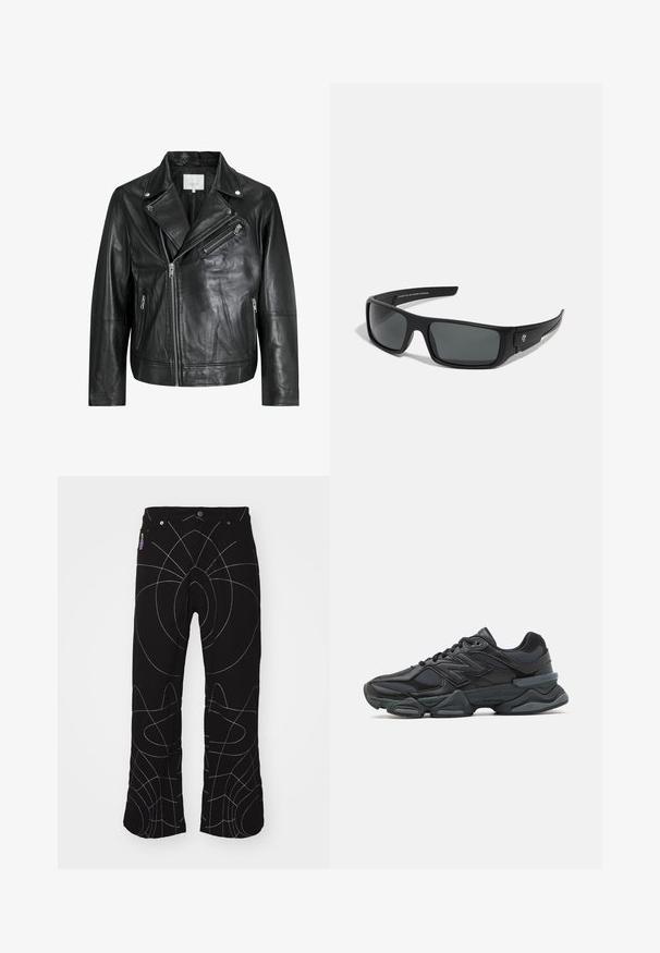 Schwarze Leder-Bikerjacke mit Reißverschlusstaschen, breiten Revers und langen Ärmeln. Weiche Textur und strukturiertes Design mit metallic Hardware.; Schwarzer, mehrschichtiger Hoodie mit Kurzarmoberteil, ausgestattet mit einem grafischen Druck und einer Kapuze. Hergestellt aus weichem Stoff, mit lockerer Passform und subtiler Textur.; Schwarze Hose mit weißen abstrakten Nähten. Merkmale sind standardmäßige Taschen, Knopfverschluss und ein gerades Bein-Design. Strukturierter Stoff.; Schwarzer Laufschuh mit einer Mischung aus Mesh- und sinthetischen Materialien, dicke Sohle, geschwungenes Design und auffälliger Markenkennzeichnung an der Seite.; Schwarze Sonnenbrille mit rechteckigem Rahmen, dunkelgrauen Gläsern und glatter Kunststoffoberfläche. Auffälliges Logo-Element an der Seite.