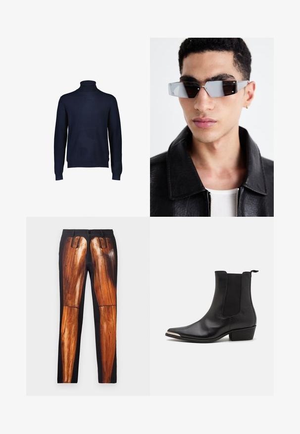 Musta nahkainen moottoripyöräjacketti, jossa on vetoketjullisia taskuja, leveät kaulukset ja pitkät hihat. Pehmeä rakenne ja jämäkkä muotoilu metallisilla yksityiskohdilla.; Navy sininen pooloneule, joka on valmistettu pehmeästä neuloskankaasta. Siinä on pitkät hihat ja ribbineuleinen kaulus sekä helma. Ei näkyviä kuvioita tai korostuksia.; Mustapaita, jossa on kerrokselliset lyhyet ja pitkät hihat. Valmistettu puuvillasta, jossa on klassinen kaulus ja hillitty logoyksityiskohta olkapäällä.; Mustat housut, joissa on puisten jalkojen graafinen kuvio, sileä pinta ja kiiltävä viimeistely matalla taustalla.; Mustat nilkkakengät, jotka on valmistettu teksturoidusta nahasta, teräväkärkiset, elastiset sivupaneelit, takana vetoluukunappi ja matala kuutio korko.; Kuluneet harmaan sävyiset aurinkolasit, joissa on hopeiset yksityiskohdat, vaaleaa taustaa vasten. Linssit ovat ainutlaatuisen geometrisen muotoiset.