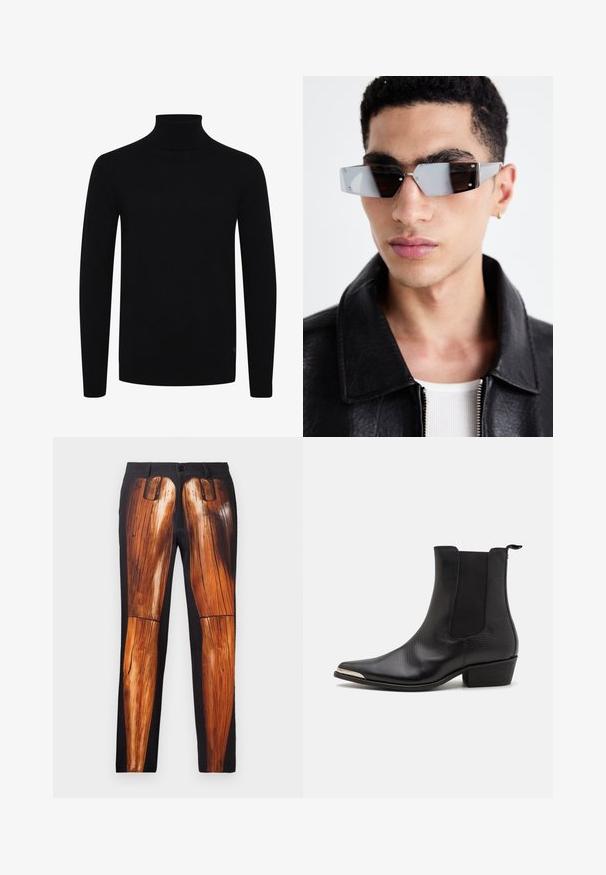 Giacca da moto in pelle nera con tasche con zip, ampie revers e maniche lunghe. Texture morbida e design strutturato con accessori metallici.; Maglione a collo alto nero, con maniche lunghe, colletto e orlo a costine, realizzato in un morbido tessuto a maglia, presenta un logo discreto sul lato inferiore.; Camicia nera con bottoni, con maniche corte e lunghe sovrapposte. Realizzata in cotone, presenta un colletto classico e un discreto logo sulla spalla.; Pantaloni neri con una stampa grafica di gambe di legno, con una texture liscia e una finitura lucida a contrasto su uno sfondo opaco.; Stivaletti neri realizzati in pelle testurizzata con punta a punta, pannelli laterali elastici, linguetta sul retro e tacco a blocco basso.; Occhiali da sole angolari con tonalità grigia e hardware in argento, su uno sfondo chiaro. Le lenti presentano una forma geometrica unica.