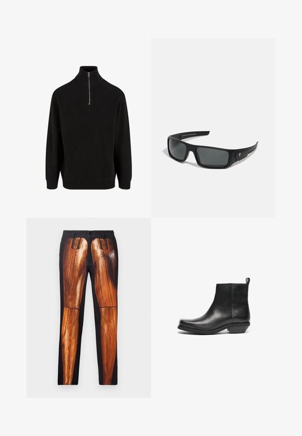 Zwarte leren motorjack met ritstasjes, brede revers en lange mouwen. Zachte textuur en gestructureerd ontwerp met metalen afwerkingen.; Zwarte geribbelde coltrui met een halve ritssluiting, lange mouwen en een ontspannen pasvorm. Geweven stof met textuur en een effen kleur.; Zwarte broek met een grafische print van houten benen, met een gladde textuur en een contrasterende glanzende afwerking op een matte achtergrond.; Zwarte leren enkellaarzen met een taps toelopende neus en een lage blokhak. Strak ontwerp met een gladde textuur en een trekriem voor eenvoudig aantrekken.; Zwarte zonnebril met een rechthoekig frame, donkergrijze glazen en een gladde plastic afwerking. Opvallend logoaccent aan de zijkant.