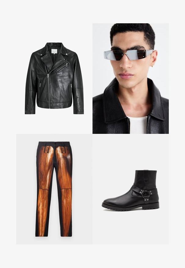 Musta nahkainen moottoripyöräjacketti, jossa on vetoketjullisia taskuja, leveät kaulukset ja pitkät hihat. Pehmeä rakenne ja jämäkkä muotoilu metallisilla yksityiskohdilla.; Mustapaita, jossa on kerrokselliset lyhyet ja pitkät hihat. Valmistettu puuvillasta, jossa on klassinen kaulus ja hillitty logoyksityiskohta olkapäällä.; Mustat housut, joissa on puisten jalkojen graafinen kuvio, sileä pinta ja kiiltävä viimeistely matalla taustalla.; Musta nahkasaapas nilkkapituisella, teräväkärkinen, litteällä kumipohjalla ja koristeellista hihnaa, jossa on metallirengas ja niittejä. Sileä pinta.; Kuluneet harmaan sävyiset aurinkolasit, joissa on hopeiset yksityiskohdat, vaaleaa taustaa vasten. Linssit ovat ainutlaatuisen geometrisen muotoiset.
