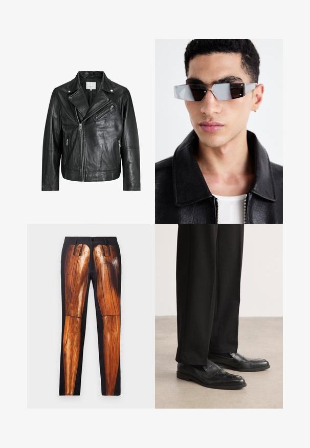Must must nahkainel biker-jakk, millel on lukuga taskud, laiad kraed ja pikad varrukad. Pehme tekstuur ja struktureeritud disain koos metallist detailidega.; Must mustruut ja lühikeste ja pikkade varrukatega. Valmistatud puuvillast, klassikalise krae ja tagasihoidliku logo detailiga õlal.; Mustad püksid, millel on puidust jalgade graafiline trükk, sujuva tekstuuriga ja läikivas viimistluses mati tausta peal.; Mustadnahkkiistusega mustad loaferid, millel on tekstureeritud kuuekülgne muster, madala profiiliga ja sile viimistlus. Kombineeritud mustade kohandatud pükstega.; Angular hallikatega tumedad prillid hõbedaste detailidega, heleda tausta ees. Prilliklaasid omavad ainulaadset geomeetrilist kuju.
