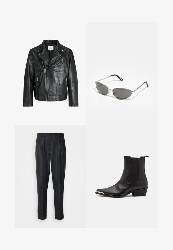 Schwarze Leder-Bikerjacke mit Reißverschlusstaschen, breiten Revers und langen Ärmeln. Weiche Textur und strukturiertes Design mit metallic Hardware.; Schwarzes Hemd mit durchgehendem Knopfverschluss und geschichteten kurzen und langen Ärmeln. Aus Baumwolle gefertigt, mit klassischem Kragen und dezentem Logo-Detail auf der Schulter.; Maßgeschneiderte Hosen aus dunkelgrauem Stoff mit feinen vertikalen Streifen; ausgestattet mit einem Knopfverschluss und einem gefältelten Frontdesign.; Schwarze Knöchelstiefel aus strukturiertem Leder mit einer spitzen Zehenpartie, elastischen seitlichen Einsätzen, einer Zugschlaufe hinten und einem niedrigen Blockabsatz.; Sonnenbrille mit einem schlanken, silbernen Metallrahmen, grauen getönten Gläsern und einem aerodynamischen Design mit spitzen Kanten und dünnen Bügeln.