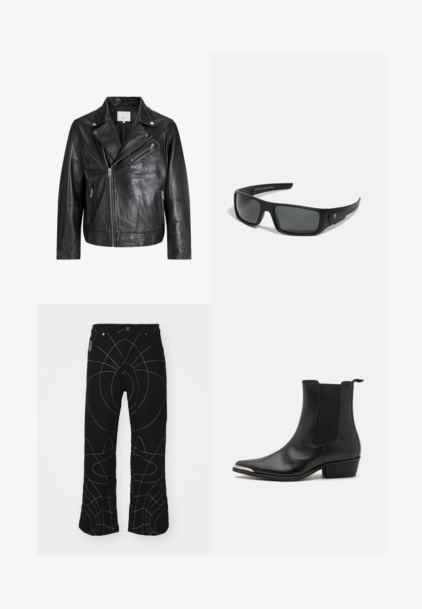 Black leather biker jacket with zippered pockets, wide lapels, and long sleeves. Soft texture and structured design with metallic hardware.; Black button-up shirt with layered short and long sleeves. Made of cotton, featuring a classic collar and subtle logo detail on shoulder.; Black pants with white abstract stitching. Features standard pockets, button closure, and a straight leg design. Textured fabric.; Black ankle boots made from textured leather with a pointed toe, elastic side panels, a back pull tab, and a low block heel.; Black sunglasses with a rectangular frame, dark gray lenses, and smooth plastic finish. Notable logo accent on the side.