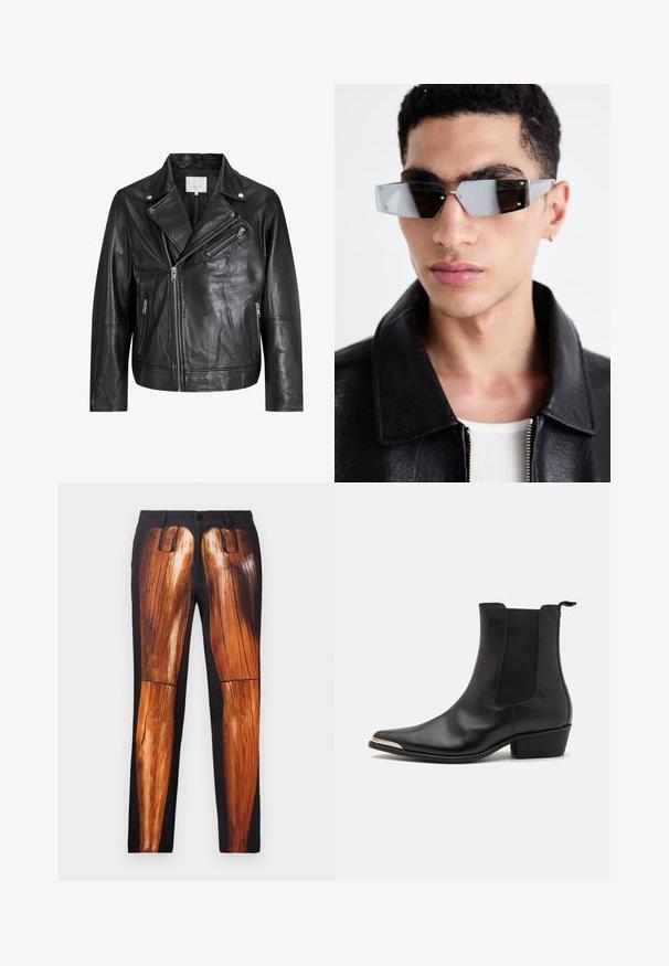 Juoda odinė motociklininko striukė su užtraukiamais kišenėmis, plačiais atlapais ir ilgomis rankovėmis. Minkšta tekstūra ir struktūrizuotas dizainas su metalinėmis detalėmis.; Juodas marškiniai su mygtukais, su sluoksniuotais trumpais ir ilgais rankovėmis. Pagaminta iš medvilnės, turi klasikį apykaklę ir subtilų logotipo detalę ant peties.; Juodi kelnės su grafiniu medinių kojų raštu, turinčios sklandžią tekstūrą ir kontrastingą blizgantį paviršių ant matinio fono.; Juodi kulkšniniai batai, pagaminti iš tekstūruotos odos, su smailiu nosiu, elastinėmis šoninėmis panelėmis, užpakaline kilpelių ir žemu blokuotu kulnu.; Kampinis pilkai tonuoti akiniai nuo saulės su sidabrinėmis detalėmis, prieš šviesų foną. Lęšiai turi unikalią geometrinę formą.