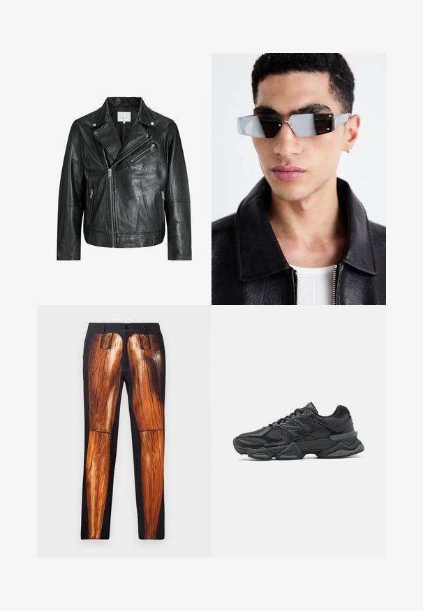 Jachetă de motociclist din piele neagră, cu buzunare cu fermoar, rever late și mâneci lungi. Textură moale și design structurat cu elemente metalice.; Cămașă neagră cu buton, cu mâneci scurte și lungi în straturi. Fabricată din bumbac, cu un guler clasic și un detaliu subtire cu logo pe umăr.; Pantaloni negri cu un imprimeu grafic de picioare din lemn, având o textură netedă și un finisaj lucios în contrast cu un fundal mate.; Pantofari de alergare negri, cu un amestec de plasă și materiale sintetice, talpă masivă, design curbat și branding proeminent pe lateral.; Ochelari de soare unghiulari cu nuanță gri, cu accesorii argintii, pe un fundal deschis. Lentilele au o formă geometrică unică.