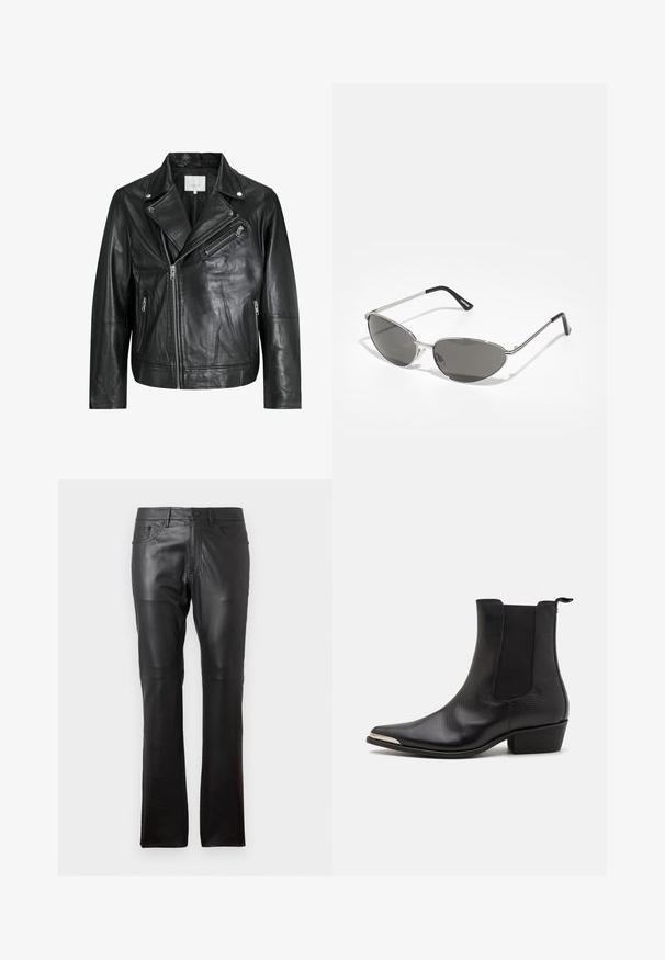 Must must nahkainel biker-jakk, millel on lukuga taskud, laiad kraed ja pikad varrukad. Pehme tekstuur ja struktureeritud disain koos metallist detailidega.; Must mustruut ja lühikeste ja pikkade varrukatega. Valmistatud puuvillast, klassikalise krae ja tagasihoidliku logo detailiga õlal.; Mustast nahkade püksid kitsas lõikes, standardse viie-tasku disainiga, vöörihmade ja nupuvajutusega esiosa sulgemisega. Sile tekstuur, sirge jalg.; Mustad mustad nahast mustad jalatsid, millel on terav varvas, elastsed küljepaneelid, tagumine tõmbenöör ja madal plokk-kand.; Prillispid prillid, millel on peen hõbedane metallraam, hallid toonitud läätsed ja aerodünaamiline disain, millel on teravad servad ja õhukesed varred.