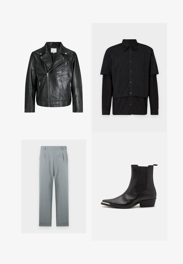 Melnas ādas moto jaka ar rāvējslēdzēju kabatām, platām atlokām un garām piedurknēm. Maiga tekstūra un strukturēts dizains ar metāla furnitūru.; Melns krekls ar pogām, kura piedurknes ir kārtots īsās un garās. Izgatavots no kokvilnas, tam ir klasiskā apkakle un diskrēta logo detaļa uz pleca.; Gai pelēki bikses, izgatavotas no teksturēta auduma ar taisnu kāju dizainu, vienu ieklāšanu un kājstaru apdari. Minimālisma un pielāgota izskats.; Melnas potītes zābakus, kas izgatavoti no teksturētas ādas, ar smailu purngalu, elastīgām sānu paneļiem, aizmugures cilpu un zemu kvadrātveida papēdi.