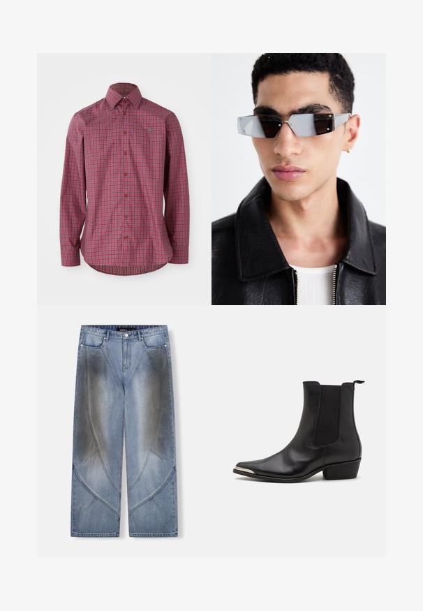 Čierna kožená bikerská bunda s bočnými vreckami na zips, širokými klopami a dlhými rukávmi. Mäkkučký materiál a štruktúrovaný dizajn s kovovými detailmi.; Červená kockovaná košeľa s dlhým rukávom, so zapínaním na gombíky, hnedými gombíkmi a zakriveným spodným okrajom, vyrobená z tkaného bavlneného materiálu.; Bezrukávový kockovaný top v červených, modrých, žltých a hnedých odtieňoch, s tučným žltým nápisom "WESTWOOD" cez hruď a akcentmi hviezd.; Svetlomodré široké rifle z denimu s jedinečným uhlovým dizajnom, efektmi vyblednutia a kontrastnými švami. Štýl s piatimi vreckami.; Čierne členkové topánky vyrobené z textúrovanej kože s špicatou špičkou, elastickými bočnými panelmi, zadným úchytom a nízkym blokovým podpätkom.; Uhly šedé slnečné okuliare s striebornými prvkami na svetlom pozadí. Šošovky majú jedinečný geometrický tvar.