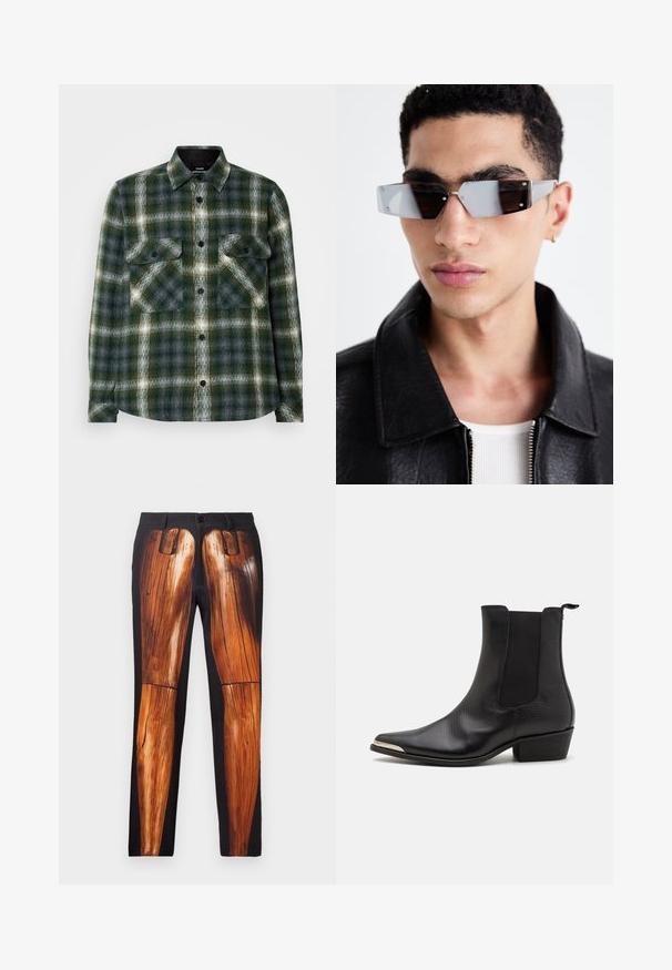 Giacca da moto in pelle nera con tasche con zip, ampie revers e maniche lunghe. Texture morbida e design strutturato con accessori metallici.; Camicia flanella con motivo a quadri verde scuro e grigio. Presenta due tasche sul petto, bottoni neri e un colletto classico. Texture morbida.; Pantaloni neri con una stampa grafica di gambe di legno, con una texture liscia e una finitura lucida a contrasto su uno sfondo opaco.; Stivaletti neri realizzati in pelle testurizzata con punta a punta, pannelli laterali elastici, linguetta sul retro e tacco a blocco basso.; Occhiali da sole angolari con tonalità grigia e hardware in argento, su uno sfondo chiaro. Le lenti presentano una forma geometrica unica.