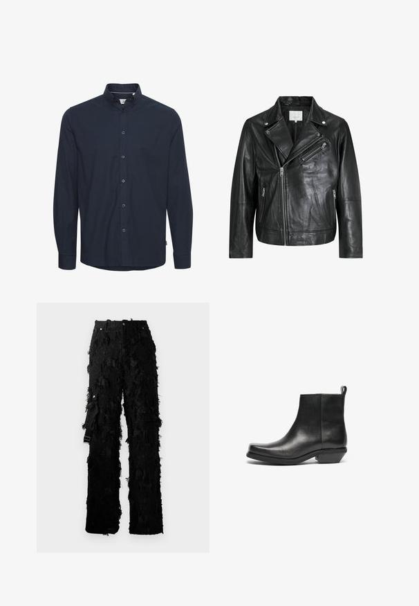 Must must nahkainel biker-jakk, millel on lukuga taskud, laiad kraed ja pikad varrukad. Pehme tekstuur ja struktureeritud disain koos metallist detailidega.; Tumedav sinine pikkade varrukatega särk, mis on valmistatud puuvillast. Omab nööpidega kraed, esipoolt nööpide ja tavapäraste mansettidega. Sile tekstuur ilma mustriteta.; Mustad püksid, millel on tekstuuriga, hargnenud disain. Omab kõrget vööd, metallist nupu sulgemist ja külgsidet reguleerimiseks.; Mustad mustad nahast pahkluu saapad kitseneva toe ja madala plokknäheeliga. Sujuv disain sileda tekstuuriga ning mugav tõmblukk, et neid lihtsam kanda.