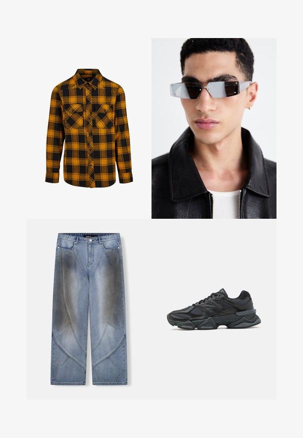 Czarna skórzana kurtka motocyklowa z zamykanymi na zamek kieszeniami, szerokimi klapami i długimi rękawami. Miękka tekstura i wyrazisty design z metalowym wykończeniem.; Koszula flanelowa z żółto-czarnym wzorem w kratkę, długim rękawem, dwiema kieszeniami na piersi, zapięciem na guziki oraz luźnym krojem.; Bez rękawów top w kratę w odcieniach czerwieni, niebieskiego, żółtego i brązowego, z napisem "WESTWOOD" w pogrubionych żółtych literach na klatce piersiowej, ozdobionym gwiazdkami.; Jasnoniebieskie dżinsy o szerokich nogawkach z unikalnym, kanciastym wzorem, efektami cieniowania i kontrastującymi przeszyciami. Model z pięcioma kieszeniami.; Czarne buty biegowe z mieszanką siateczki i materiałów syntetycznych, masywną podeszwą, opływowym kształtem oraz wyraźnym brandingiem z boku.; Kątowe, szare okulary przeciwsłoneczne z metalowymi elementami w kolorze srebrnym, na jasnym tle. Soczewki mają unikalny, geometryczny kształt.
