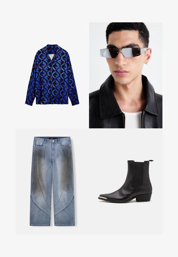 Zwarte leren motorjack met ritstasjes, brede revers en lange mouwen. Zachte textuur en gestructureerd ontwerp met metalen afwerkingen.; Blauw en bruin gestreept shirt met een kraag, met golvende ontwerpen en bloemaccenten. Lange mouwen en knoopsluiting.; Lichtblauwe denim wijde broek met een uniek hoekig ontwerp, vervagingseffecten en contrasterende stiksel-details. Vijfzakkenmodel.; Zwarte enkellaarsjes van textuurleer met een spitse neus, elastische zijkanten, een trek lus achterop en een lage blokhak.; Hoekige, grijsgetinte zonnebril met zilveren accenten, tegen een lichte achtergrond. De lenzen hebben een unieke geometrische vorm.