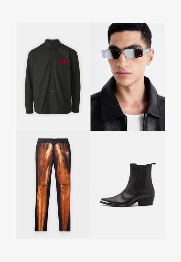 Must must nahkainel biker-jakk, millel on lukuga taskud, laiad kraed ja pikad varrukad. Pehme tekstuur ja struktureeritud disain koos metallist detailidega.; Must mustakiriga, millel on nööbid ja pikad varrukad. Vasakul rinnal on punane tikitud logo ja sobivad mustad nööbid.; Mustad püksid, millel on puidust jalgade graafiline trükk, sujuva tekstuuriga ja läikivas viimistluses mati tausta peal.; Mustad mustad nahast mustad jalatsid, millel on terav varvas, elastsed küljepaneelid, tagumine tõmbenöör ja madal plokk-kand.; Angular hallikatega tumedad prillid hõbedaste detailidega, heleda tausta ees. Prilliklaasid omavad ainulaadset geomeetrilist kuju.