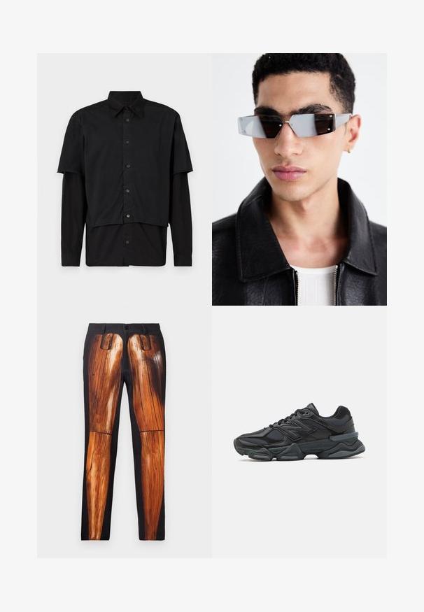 Melnas ādas moto jaka ar rāvējslēdzēju kabatām, platām atlokām un garām piedurknēm. Maiga tekstūra un strukturēts dizains ar metāla furnitūru.; Melns krekls ar pogām, kura piedurknes ir kārtots īsās un garās. Izgatavots no kokvilnas, tam ir klasiskā apkakle un diskrēta logo detaļa uz pleca.; Melni bikses ar grafisku koka kāju apdruku, ar gludu tekstūru un kontrastējošu spīdīgu apdari uz matēta fona.; Melna skriešanas apavi ar jauktu acu audumu un sintētiskiem materiāliem, masīvu zoli, izliekta dizaina elementiem un izteiktu zīmola logotipu uz sāniem.; Stūrainas pelēkā toņa saulesbrilles ar sudraba detaļām, novietotas uz gaiša fona. Lēcas ir ar unikālu ģeometrisku formu.