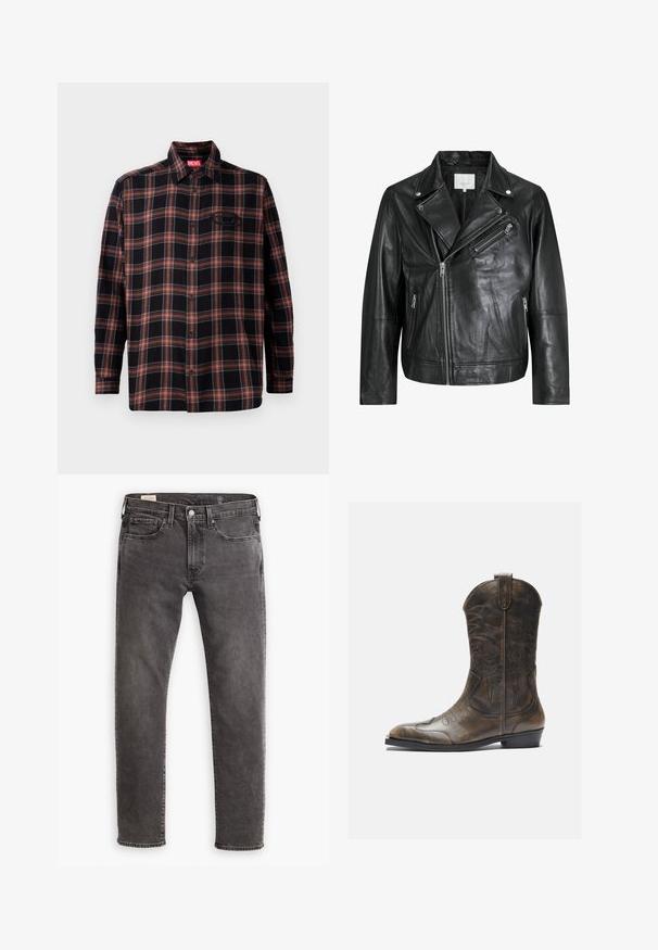 Melnas ādas moto jaka ar rāvējslēdzēju kabatām, platām atlokām un garām piedurknēm. Maiga tekstūra un strukturēts dizains ar metāla furnitūru.; Melnā un sarkanā šaura ruļļa krekls ar pogu aizdari priekšā, garām piedurknēm un birku uz apkakles. Iezīmējas ar kontrastējošām šuvēm un kabatu uz krūtīm.; Pelēki denima džinsi ar taisnu griezumu, piecu kabatu dizainu un pogu aizdari. Satur vieglu izbalēšanu un tonālu šuvju izstrādājumu visā virsmā.; Brūnas ādas kovboju zābaki ar garu kāju, norādītu purngalu, sarežģītām šuvju rakstībām un mazu papēdi. Virsma ar faktūru visā zābakā.