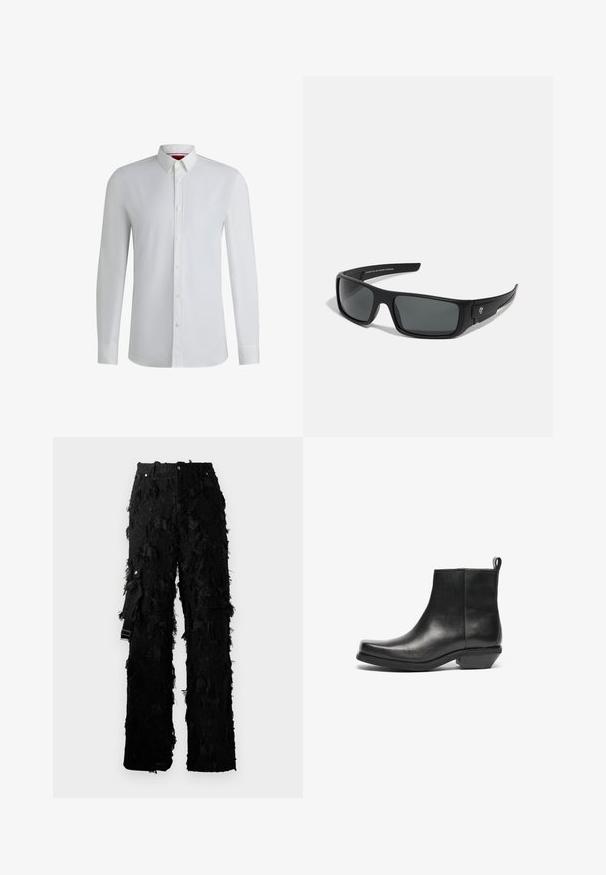 Melnas ādas moto jaka ar rāvējslēdzēju kabatām, platām atlokām un garām piedurknēm. Maiga tekstūra un strukturēts dizains ar metāla furnitūru.; Balts garo piedurkņu krekls ar pogu apkakli, ar gludu tekstūru, taisnu griezumu un smalku detaļu gar priekšējo pogu slodzi.; Melnas bikses ar teksturētu, frizētu dizainu. Ar augstu jostasvietu, metāla pogu aizdari un sānu siksnu regulēšanai.; Melnas ādas potītes zābaki ar šauru purngalu un zemu blokveida papēdi. Gluds dizains ar vienmērīgu tekstūru un pacelšanas cilpu vieglai uzvilkšanai.; Melnās saulesbrilles ar taisnstūrveida rāmi, tumši pelēkiem stikliem un gludu plastmasas apdari. Izteikta logo akcentācija sānos.