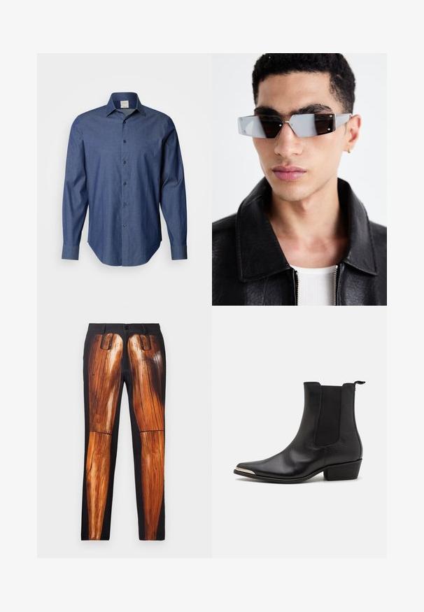 Juoda odinė motociklininko striukė su užtraukiamais kišenėmis, plačiais atlapais ir ilgomis rankovėmis. Minkšta tekstūra ir struktūrizuotas dizainas su metalinėmis detalėmis.; Tamsiai mėlyna marškinėlių su mygtukais, pagaminti iš audinio su subtilia tekstūra. Įrengtas išplėstas apykaklė ir ilgos rankovės su mygtukais ant riešo.; Juodi kelnės su grafiniu medinių kojų raštu, turinčios sklandžią tekstūrą ir kontrastingą blizgantį paviršių ant matinio fono.; Juodi kulkšniniai batai, pagaminti iš tekstūruotos odos, su smailiu nosiu, elastinėmis šoninėmis panelėmis, užpakaline kilpelių ir žemu blokuotu kulnu.; Kampinis pilkai tonuoti akiniai nuo saulės su sidabrinėmis detalėmis, prieš šviesų foną. Lęšiai turi unikalią geometrinę formą.