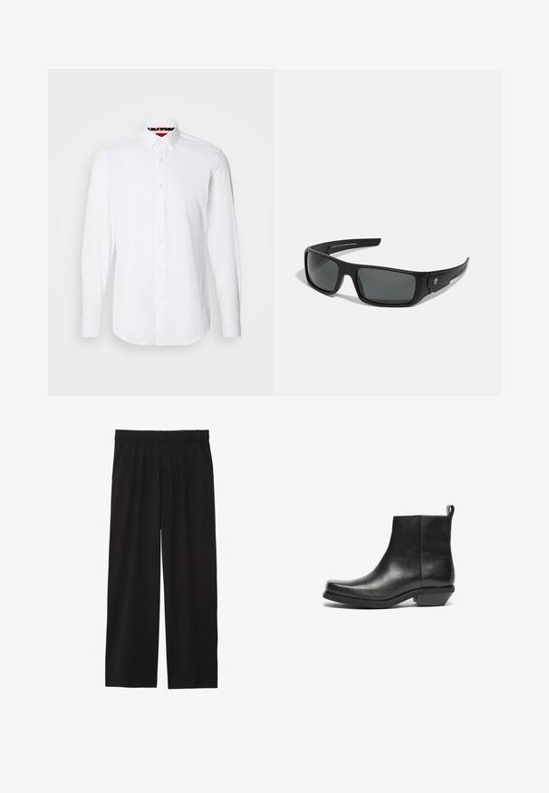 Chaqueta de moto de cuero negro con bolsillos con cremallera, solapas anchas y mangas largas. Textura suave y diseño estructurado con accesorios metálicos.; Camisa blanca de manga larga y botones hecha de tejido suave, con un cuello clásico, botones de perla y detalle en el cuello interior en contraste.; Pantalones de pierna ancha negros con frente plisado, bolsillos laterales y una textura de tela suave. Diseñados para un ajuste relajado.; Botas negras de cuero hasta el tobillo con punta afilada y tacón bajo. Diseño elegante con una textura suave y una cinta de tirón para facilitar su uso.; Gafas de sol negras con montura rectangular, lentes gris oscuro y acabado de plástico suave. Acento notable del logotipo en el lateral.; Dos corbatas: una negra lisa con una franja diagonal azul y gris, y otra negra lisa con un extremo de satén azul. Tejido texturizado.