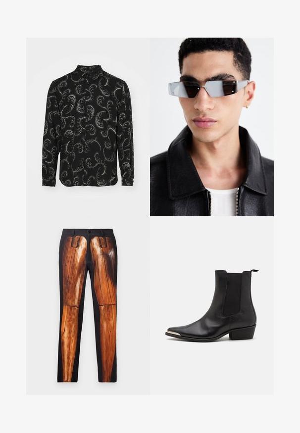 Czarna skórzana kurtka motocyklowa z zamykanymi na zamek kieszeniami, szerokimi klapami i długimi rękawami. Miękka tekstura i wyrazisty design z metalowym wykończeniem.; Czarna koszula z długim rękawem, z białymi falującymi wzorami paisley, z klasycznym kołnierzykiem, wykonana z lekkiego materiału.; Czarne spodnie z graficznym nadrukiem drewnianych nóg, o gładkiej fakturze i kontrastowym błyszczącym wykończeniu na matowym tle.; Czarne botki za kostkę wykonane z teksturowanej skóry, z ostrym noskiem, elastycznymi bocznymi panelami, pętelką z tyłu oraz niskim słupkowym obcasem.; Kątowe, szare okulary przeciwsłoneczne z metalowymi elementami w kolorze srebrnym, na jasnym tle. Soczewki mają unikalny, geometryczny kształt.