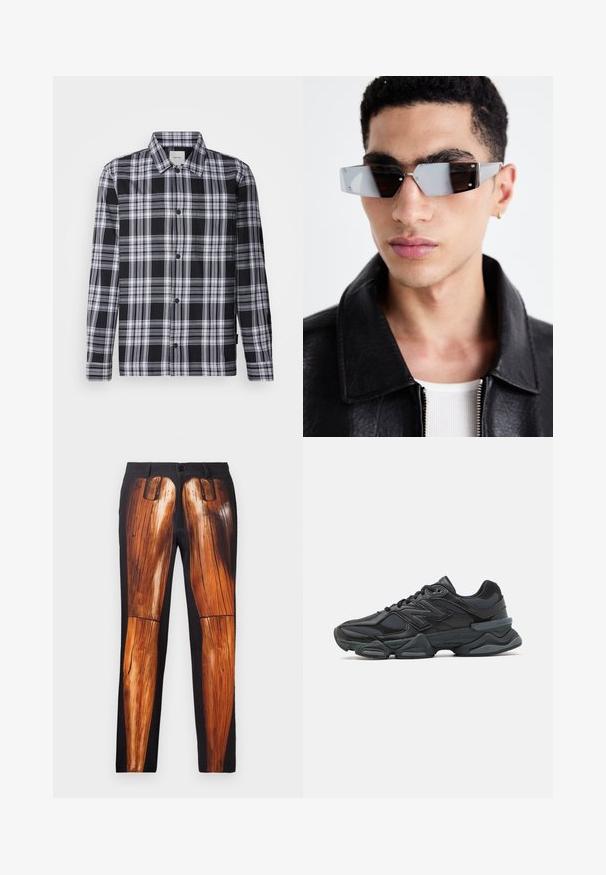 Must must nahkainel biker-jakk, millel on lukuga taskud, laiad kraed ja pikad varrukad. Pehme tekstuur ja struktureeritud disain koos metallist detailidega.; Musträpiga must-valge särk pikkade varrukatega, nööpidega ette ja tavalise kraega. Pehme kangas sileda tekstuuriga.; Mustad püksid, millel on puidust jalgade graafiline trükk, sujuva tekstuuriga ja läikivas viimistluses mati tausta peal.; Mustad mustus jooksukeng, mis sisaldab segu võrgust ja sünteetilisest materjalist, jäme talla, kaarduv disain ja silmapaistev bränding külgedel.; Angular hallikatega tumedad prillid hõbedaste detailidega, heleda tausta ees. Prilliklaasid omavad ainulaadset geomeetrilist kuju.