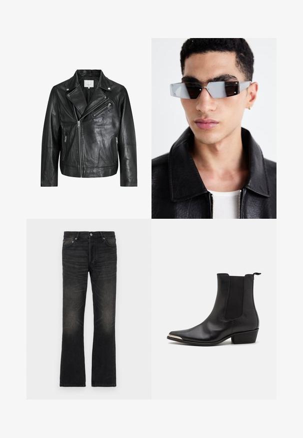 Black leather biker jacket with zippered pockets, wide lapels, and long sleeves. Soft texture and structured design with metallic hardware.; Sleeveless plaid top with red, blue, yellow, and brown tones, featuring the word "WESTWOOD" in bold yellow letters across the chest with star accents.; Black denim flared jeans with a faded finish, five pockets, and silver hardware. Features a classic waistband and slightly textured fabric.; Black ankle boots made from textured leather with a pointed toe, elastic side panels, a back pull tab, and a low block heel.; Angular gray-tinted sunglasses with silver hardware, set against a light background. The lenses feature a unique geometric shape.