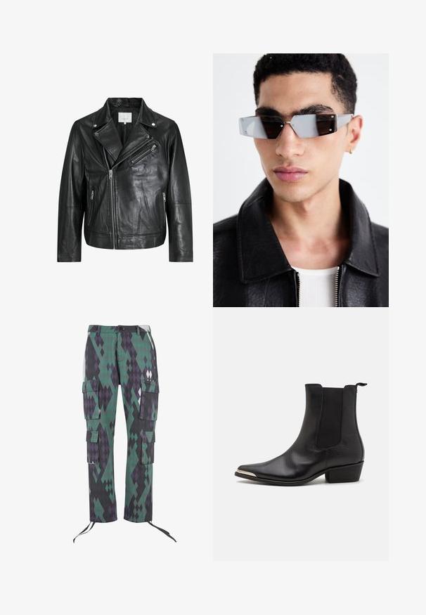 Svart skinnbikerjakke med glidelåslommer, brede slag og lange ermer. Myk tekstur og strukturert design med metallisk beslag.; Ermeløs plaid topp med rød, blå, gul og brun farge, som har ordet "WESTWOOD" i fete gule bokstaver over brystet med stjerneakenter.; Cargo bukser i et diamantmønster af grøn, lilla og sort. Har seks lommer, justerbare manchetter og en knaplukning i taljen.; Sorte ankelstøvler laget av teksturert lær med spiss tå, elastiske sidepaneler, en bakre trekkstang og en lav blokkhelt.; Vinklet gråtonede solbriller med sølvhardware, satt mot en lys bakgrunn. Linsene har en unik geometrisk form.