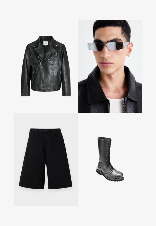 Fekete bőr motoros dzseki cipzáras zsebekkel, széles hajtókákkal és hosszú ujjakkal. Puha textúrájú és strukturált dizájnnal rendelkezik, fémes kiegészítőkkel.; Fekete, könnyű anyagból készült tank top, kerek nyakkivágással és ujjatlan fazonnal. Egyenes aljjal és minimális varrási részletekkel rendelkezik.; Fekete farmer rövidnadrág laza szabással, klasszikus öt zsebes dizájnnal és gombos zárással, sima textúrával és egyenes szárú fazonnal.; Fekete bőrből készült, fűzős harci csizmák magas szárú kivitelben, kerek orral, párnázott gallérral és texturált gumitalppal a jobb tapadás érdekében.; Szögletes, szürke árnyalatú napszemüveg ezüst díszítéssel, világos háttér előtt. A lencsék egyedi geometrikus formával rendelkeznek.