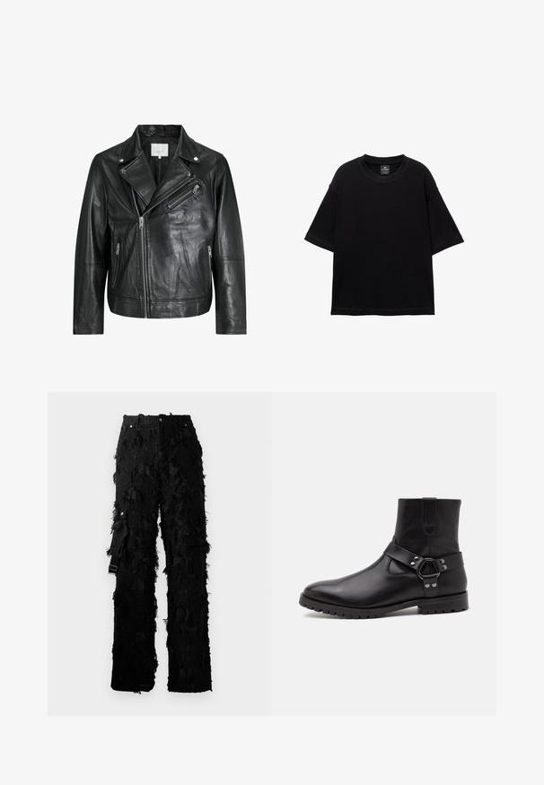 Czarna skórzana kurtka motocyklowa z zamykanymi na zamek kieszeniami, szerokimi klapami i długimi rękawami. Miękka tekstura i wyrazisty design z metalowym wykończeniem.; Czarny T-shirt z krótkim rękawem wykonany z bawełny, z okrągłym dekoltem i luźnym krojem. Gładka faktura z minimalnymi detalami przeszycia.; Czarne spodnie z teksturowanym, frędzlanym wzorem. Posiadają wysoki stan, metalowe zapięcie na guzik oraz boczny pasek do regulacji.; Czarne skórzane botki za kostkę z szpiczastym noskiem, płaską gumową podeszwą oraz dekoracyjnym paskiem z metalowym pierścieniem i ćwiekami. Gładka faktura.