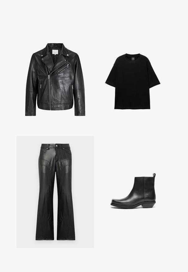 Crna kožna moto jakna s patentnim zatvaračima, širokim reverima i dugim rukavima. Meka tekstura i strukturirani dizajn s metalnim detaljima.; Crna kratka majica s kratkim rukavima od pamuka, s okruglim izrezom i ležernim krojem. Glatka tekstura s minimalnim detaljima šivanja.; Crne raznorazne hlače napravljene od umjetne kože, sa prednjim džepovima, vidljivim šavovima i zakrivljenim panelima sa strane.; Crne kožne gležnjače s sužetim prstom i niskim blok-petama. Elegantnog dizajna s glatkom teksturom i trakom za lako oblačenje.