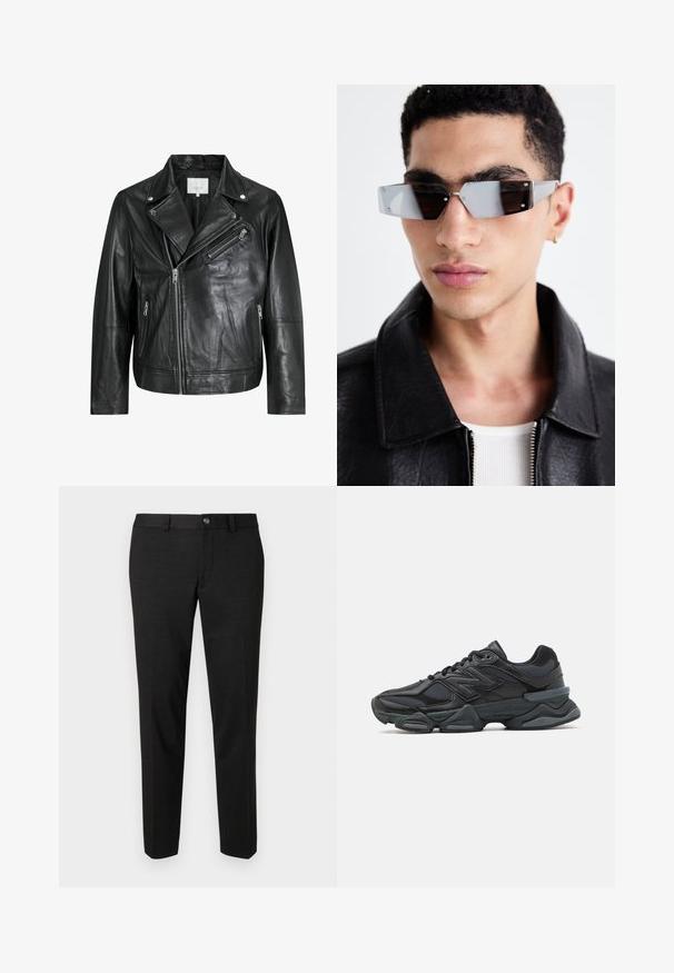 Schwarze Leder-Bikerjacke mit Reißverschlusstaschen, breiten Revers und langen Ärmeln. Weiche Textur und strukturiertes Design mit metallic Hardware.; Schwarzes T-Shirt mit kurzen Ärmeln aus Baumwolle, mit Rundhalsausschnitt und lockerer Passform. Glatte Textur mit minimalen Nähten.; Schwarze Hose aus glattem Stoff. Sie hat einen geraden Schnitt, eine flache Vorderseite und einen Knopfverschluss mit einem schlichten Taillendesign.; Schwarzer Laufschuh mit einer Mischung aus Mesh- und sinthetischen Materialien, dicke Sohle, geschwungenes Design und auffälliger Markenkennzeichnung an der Seite.; Eckige, grau getönte Sonnenbrillen mit silberner Hardware, vor einem hellen Hintergrund. Die Gläser weisen eine einzigartige geometrische Form auf.