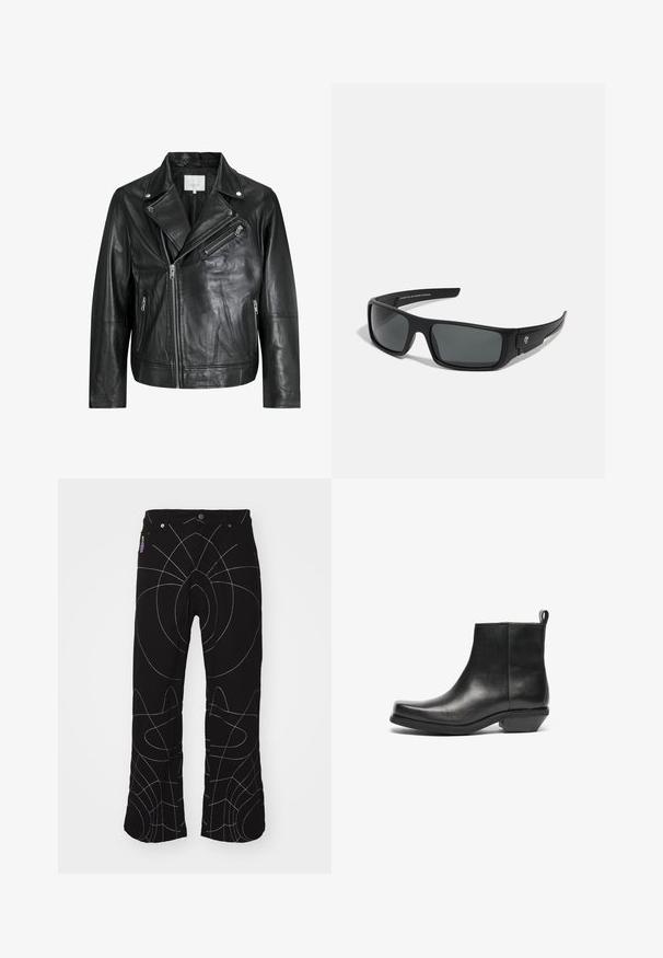 Schwarze Leder-Bikerjacke mit Reißverschlusstaschen, breiten Revers und langen Ärmeln. Weiche Textur und strukturiertes Design mit metallic Hardware.; Schwarzes T-Shirt mit kurzen Ärmeln aus Baumwolle, mit Rundhalsausschnitt und lockerer Passform. Glatte Textur mit minimalen Nähten.; Schwarze Hose mit weißen abstrakten Nähten. Merkmale sind standardmäßige Taschen, Knopfverschluss und ein gerades Bein-Design. Strukturierter Stoff.; Schwarze Leder-Ankle Boots mit spitz zulaufender Zehenpartie und niedrigem Blockabsatz. Elegantes Design mit glatter Oberfläche und Zuglasche für ein einfaches An- und Ausziehen.; Schwarze Sonnenbrille mit rechteckigem Rahmen, dunkelgrauen Gläsern und glatter Kunststoffoberfläche. Auffälliges Logo-Element an der Seite.