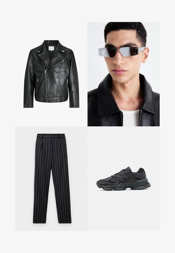 Černá kožená biker bunda s kapsami na zip, širokými klopami a dlouhými rukávy. Měkká textura a strukturovaný design s kovovými doplňky.; Černé tričko s krátkým rukávem vyrobené z bavlny, s kulatým výstřihem a volným střihem. Hladká textura s minimálními švy.; Černobílé pruhované kalhoty s přizpůsobeným střihem, vybavené poutky na opasek, předním zapínáním na knoflík a lisovanými předními sklady.; Černá běžecká bota s kombinací síťoviny a syntetických materiálů, masivní podešev, zakřivený design a výrazné logo na boku.; Avenované sluneční brýle se šedým nádechem a stříbrnými doplňky, umístěné na světlém pozadí. Skla mají jedinečný geometrický tvar.