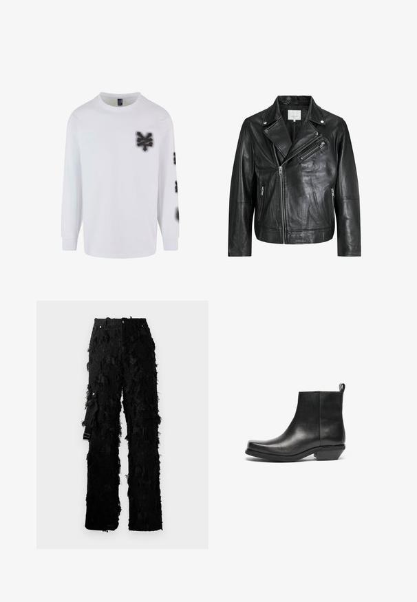 Juoda odinė motociklininko striukė su užtraukiamais kišenėmis, plačiais atlapais ir ilgomis rankovėmis. Minkšta tekstūra ir struktūrizuotas dizainas su metalinėmis detalėmis.; Ilga rankovė balta medvilninė marškinėliai su juodais purškiamais grafikos elementais kairiajame krūtinės ir rankovės šone. Klasikinis apykaklės dizainas.; Juodos kelnės su tekstūruotu, pakraščiais dekoruotu dizainu. Yra aukštas liemuo, metalinė sagtys ir šoninė juosta reguliavimui.; Juodi odiniai kulkšniniai batai su smailiu pirštu ir mažu blokuotu kulnu. Šiuolaikiškas dizainas su lygiu paviršiumi ir vilkimo kilpa, skirta lengvam apsiaustimui.