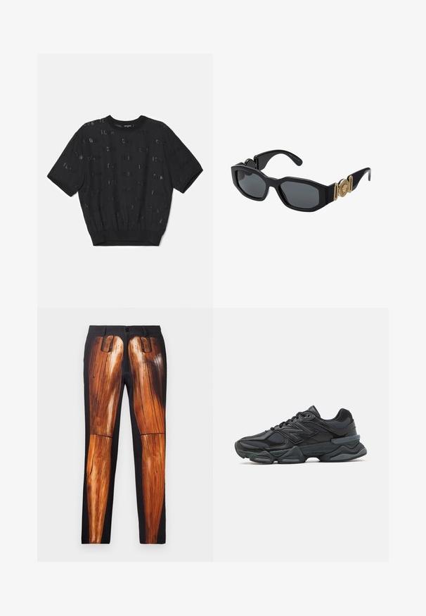 Chaqueta de moto de cuero negro con bolsillos con cremallera, solapas anchas y mangas largas. Textura suave y diseño estructurado con accesorios metálicos.; Suéter corto negro de manga corta con tejido texturizado, que presenta un dobladillo acanalado y letras de lentejuelas esparcidas por todo el cuerpo.; Pantalones negros con un estampado gráfico de piernas de madera, con una textura suave y un acabado brillante que contrasta con un fondo mate.; Zapatilla de running negra que presenta una combinación de malla y materiales sintéticos, suela gruesa, diseño curvado y una marca prominente en el costado.; Gafas de sol negras con un arco geométrico grueso, lentes oscuros y acentos de metal dorado en las patillas, que presentan un detalle de emblema redondo.