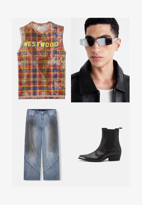 Jachetă de motociclist din piele neagră, cu buzunare cu fermoar, rever late și mâneci lungi. Textură moale și design structurat cu elemente metalice.; Top fără mâneci în carouri cu nuanțe de roșu, albastru, galben și maro, având cuvântul "WESTWOOD" scris cu litere galbene îngroșate pe piept, împreună cu accente de stele.; Cămașă din flanel cu un model în carouri galbene și negre, mâneci lungi, două buzunare pe piept, închidere cu nasturi și croială relaxată.; Blugi decolorati largi din denim albastru deschis, cu un design unghiular unic, efecte de estompare și detalii de cusături contrastante. Stil cu cinci buzunare.; Cizme negre până la gleznă, realizate din piele texturată, cu vârf ascuțit, panouri elastice pe laterale, un tab de prindere la spate și un tocul mic cu formă de bloc.; Ochelari de soare unghiulari cu nuanță gri, cu accesorii argintii, pe un fundal deschis. Lentilele au o formă geometrică unică.