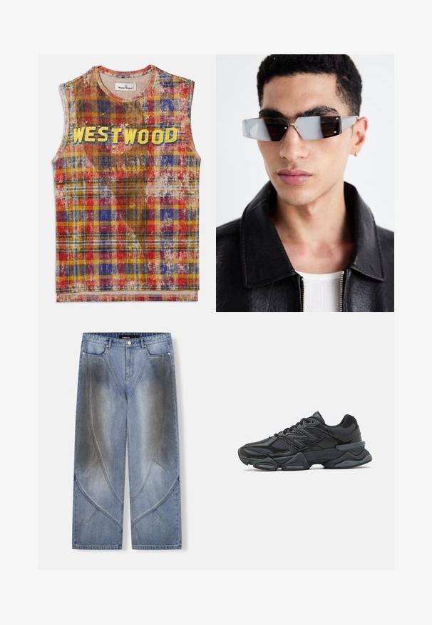 Black leather biker jacket with zippered pockets, wide lapels, and long sleeves. Soft texture and structured design with metallic hardware.; Sleeveless plaid top with red, blue, yellow, and brown tones, featuring the word "WESTWOOD" in bold yellow letters across the chest with star accents.; Flannel shirt featuring a yellow and black plaid pattern, long sleeves, two chest pockets, button-up front, and a relaxed fit.; Light blue denim wide-leg jeans featuring a unique angular design, fading effects, and contrasting stitching details. Five-pocket style.; Black running shoe featuring a mix of mesh and synthetic materials, chunky sole, curved design, and prominent branding on the side.; Angular gray-tinted sunglasses with silver hardware, set against a light background. The lenses feature a unique geometric shape.