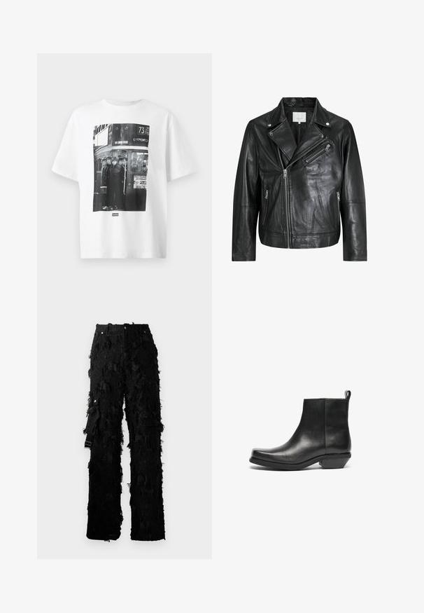 Musta nahkainen moottoripyöräjacketti, jossa on vetoketjullisia taskuja, leveät kaulukset ja pitkät hihat. Pehmeä rakenne ja jämäkkä muotoilu metallisilla yksityiskohdilla.; Valkoinen puuvillapaita, jossa on mustavalkoinen valokuva neljästä henkilöstä bussissa. Paidassa on teatteriin ja bussireittiin liittyvää tekstiä ja grafiikkaa.; Musta housut, joissa on teksturoitu, frillikuvio. Korkea vyötärö, metallinen nappikiinnitys ja sivuhihna säätöä varten.; Mustat nahkaiset nilkkurit, joissa on kapea kärki ja matala lohkokorko. Tyylikäs muotoilu, sileä pinta ja vetoketju helpottavat pukemista.