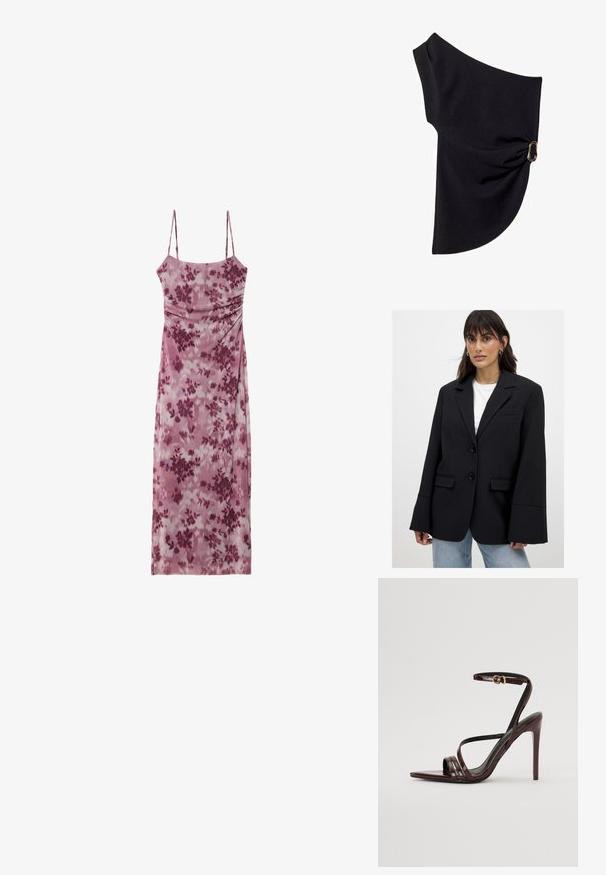 Kobieta w oversize'owej czarnej marynarce z szerokimi rękawami, nosząca białą bluzkę i jasnoniebieskie dżinsy, stoi na tle jednolitego tła.; Sukienka bez rękawów z jasnofioletowego materiału w kwiatowy wzór w ciemniejszych odcieniach fioletu. Posiada dopasowaną górę i zwiewne detale na spódnicy.; Asymetryczna czarna bluzka wykonana z gładkiego materiału, z marszczonym wzorem i akcentem z złotego metalu z jednej strony.; Bordowe lakierowane sandały na obcasie z paskiem wokół kostki, spiczastym noskiem i trzema poziomymi paskami na stopie. Złocona klamra.; Bordowa skórzana torebka o miękkim, marszczonym wyglądzie i zaokrąglonym kształcie. Uchwyt jest zabezpieczony, co podkreśla gładką fakturę.