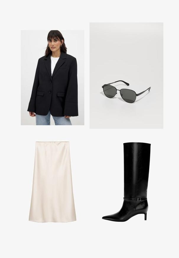 Kvinna i en överdimensionerad svart blazer med vida ärmar över en vit topp och ljusblå jeans, stående mot en enfärgad bakgrund.; Svart oversized sweatshirt med rund hals och långa ärmar, uppvisad mot en vit bakgrund. Enkel och avslappnad design.; Satin midi kjol i off-white, rak skärning med elastisk midja, slät textur och inga synliga mönster eller detaljer.; Svart läder knähöga stövlar med spetsig tå och en liten klack. Har ett smalt band med en metallspänne runt vristen. Slät yta.; Svarta metallbågar solglasögon med grå linser, med oval form, tunna skalmar och justerbara nässkydd. Minimalistisk design.; Svart läderhandväska med en unik fläktform, som har platta handtag. Ytan har en pebblad textur och en minimalistisk design.