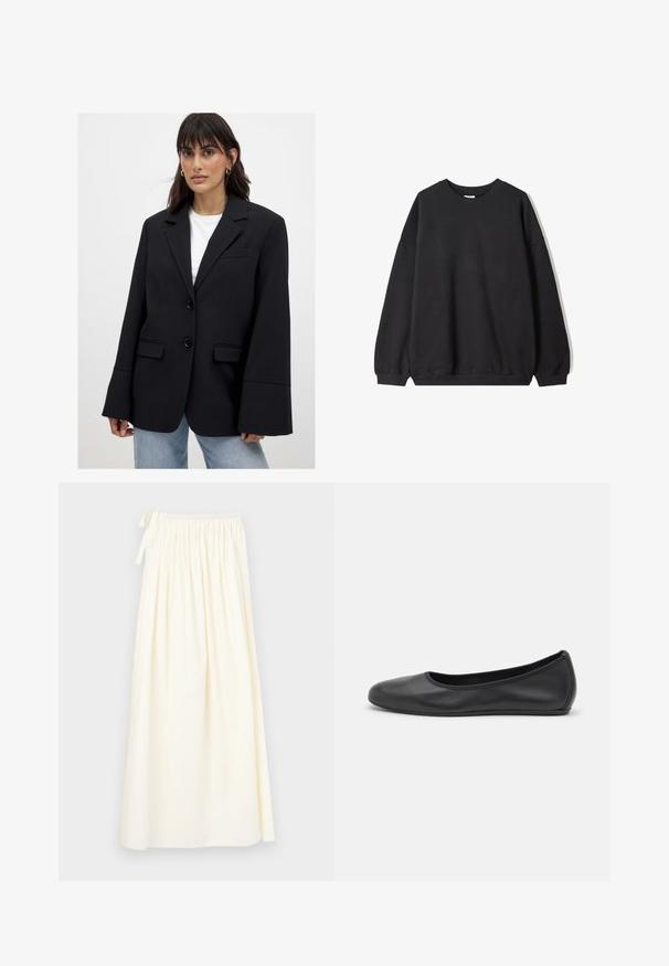 Vrouw in een oversized zwarte blazer met brede mouwen over een witte top en lichtblauwe jeans, staand tegen een effen achtergrond.; Zwarte oversized sweatshirt met een ronde hals en lange mouwen, weergegeven tegen een witte achtergrond. Eenvoudig en casual ontwerp.; Lange, crème-kleurige rok van lichtgewicht stof; beschikt over een elastische tailleband met een strik en een vloeiende uitstraling met minimale textuur.; Zwarte leren ballerina met een ronde neus, gladde textuur, minimale stikdetails en een flexibele zoolontwerp.