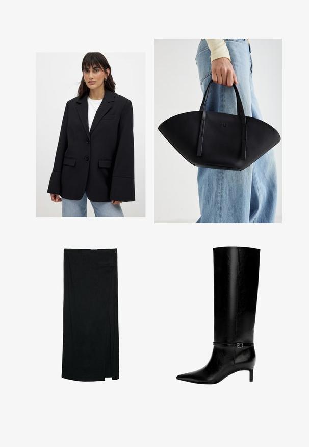 Kobieta w oversize'owej czarnej marynarce z szerokimi rękawami, nosząca białą bluzkę i jasnoniebieskie dżinsy, stoi na tle jednolitego tła.; Czarny, oversize sweter z okrągłym dekoltem i długimi rękawami, prezentowany na białym tle. Prosty i casualowy design.; Czarna spódnica do kolan z bocznym rozcięciem, wykonana z lekkiego materiału o gładkiej fakturze i prostym wzorze. Zamek błyskawiczny z przodu w pasie.; Czarne skórzane wysokie botki z ostrym noskiem i niskim obcasem. Posiadają wąski pasek z metalową klamrą wokół kostki. Gładka tekstura.; Czarna skórzana torebka w unikalnym kształcie wachlarza, z płaskimi uchwytami. Powierzchnia ma fakturę kamyków i minimalistyczny design.