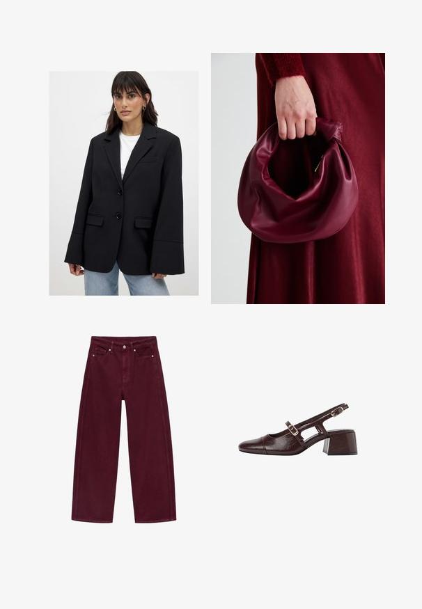 Kvinde iført en oversized sort blazer med brede ærmer over en hvid top og lyseblå jeans, stående mod en ensfarvet baggrund.; Asymmetrisk sort top lavet af glat stof med en samlet design og en hardware accent i guldfarve på den ene side.; Bordeaux bredde ben jeans lavet af bomuldsdenim, med fire-pocket design og metalknap lukning med matchende syninger.; Brune læder slingback hæle med firkantet tå, udskårne sider og en blokhæl. Har en spænde på ankelremmen.; Bordeaux læderhåndtaske med et blødt, samlet design og en rund form. Håndtaget er sikret og viser en glat tekstur.