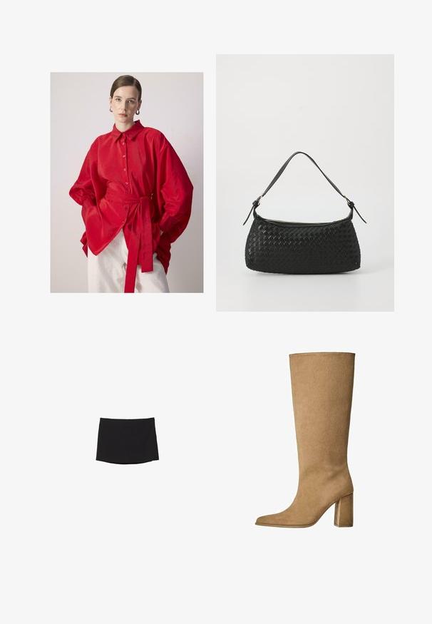 Ženska nosi prevelik črn blazer z širokimi rokavi čez belo majico in svetlo modre kavbojke, stoji pred enobarvno ozadjem.; Ženska s počešljenimi lasmi nosi srebrne obročaste uhane, preveliko rdečo srajco s gumbi in pasom ter bele hlače na enobarvni podlagi.; Črna mini krilo iz gladkega, raztegljivega blaga; ima ravno rez z diskretnim robom in brez vidnih zapiranj ali vzorcev.; Tanki suede škornji do kolen v bež barvi z blok peto, z ošiljenim nosom in gladko teksturo. Minimalističen dizajn brez okraskov.; Črna tkana torba za ramo s gladkim usnjenim trakom in zadrgo. Ima teksturirano površino in ukrivljeno obliko.