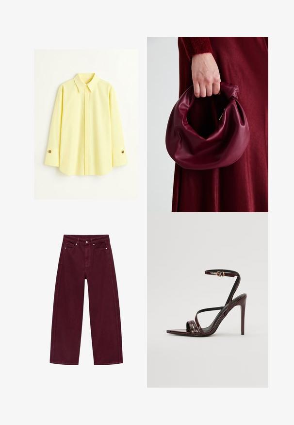 Kvinde iført en oversized sort blazer med brede ærmer over en hvid top og lyseblå jeans, stående mod en ensfarvet baggrund.; Gul langærmet skjorte lavet af et let stof. Har en klassisk krave og guldknapdetaljer på manchetterne. Glat tekstur.; Bordeaux bredde ben jeans lavet af bomuldsdenim, med fire-pocket design og metalknap lukning med matchende syninger.; Bordeaux laker læder højhælede sandal med ankelrem, spids tå og tre vandrette remme over foden. Detalje med spænde i guldtonet.; Bordeaux læderhåndtaske med et blødt, samlet design og en rund form. Håndtaget er sikret og viser en glat tekstur.