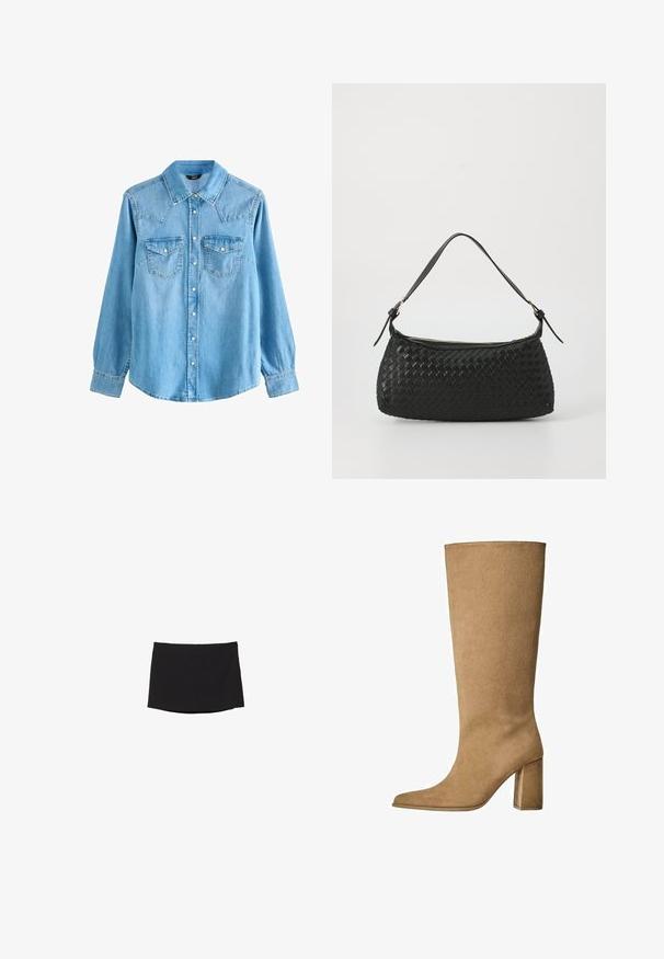 Vrouw in een oversized zwarte blazer met brede mouwen over een witte top en lichtblauwe jeans, staand tegen een effen achtergrond.; Lichtblauwe denim overhemd met een puntkraag, lange mouwen, twee borstzakken en drukknoopsluiting. Heeft een iets losse pasvorm en een yoke in westerse stijl.; Zwarte minirok van soepel, rekbaar materiaal; heeft een rechte snit met een subtiele zoom en geen zichtbare sluitingen of patronen.; Tan kleurige suède laarzen tot de knie met een blokhak, voorzien van een spitse neus en een gladde textuur. Minimalistisch ontwerp zonder versieringen.; Zwarte geweven schoudertas met een gladleren schouderband en rits sluiting. Heeft een gestructureerd oppervlak en een gebogen vorm.