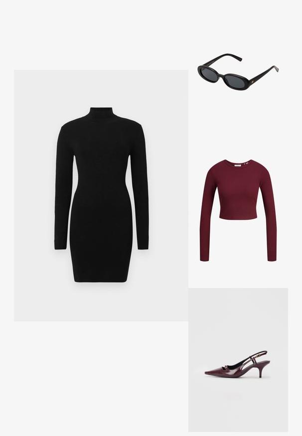 Ženska nosi prevelik črn blazer z širokimi rokavi čez belo majico in svetlo modre kavbojke, stoji pred enobarvno ozadjem.; Burgundska kratka majica, dolgi rokavi, rebrasta tekstura, okrogla ovratnica, mehak material, prilegajoča zasnova. Oznake so prikazane na vratu.; Črna obleka z dolgimi rokavi z oprijetim krojem in visokim izrezom, izdelana iz teksturirane tkanine, ki nudi gladek, eleganten videz.; Burgundske slingback pete z ostrim nosom, sijajna usnjena površina, majhna odprtina spredaj in ozka stiletto peta z zlatimi poudarki.; Črne oversize sončne očala z ovalnimi lečami, gladkim plastičnim okvirjem in zlatenimi detajli na templjih. Temne leče zagotavljajo zaščito pred soncem.; Pepe Jeans GRACEY - Torbica - burgundy red